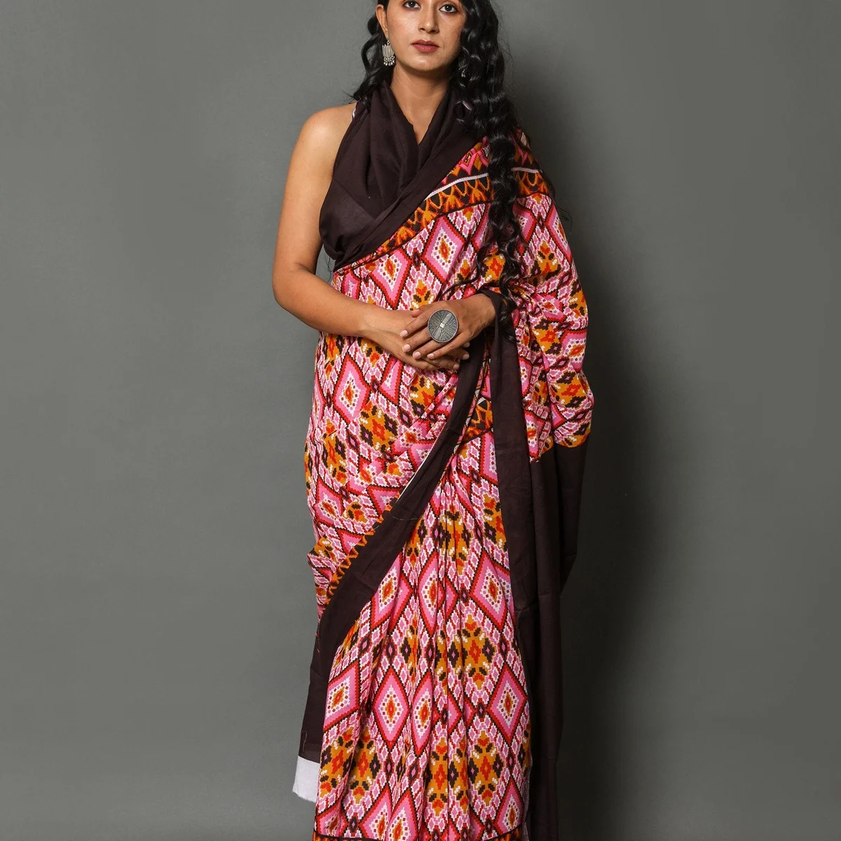 Pink & Yellow Patola Print Cotton Saree with Blouse Piece - Image 1