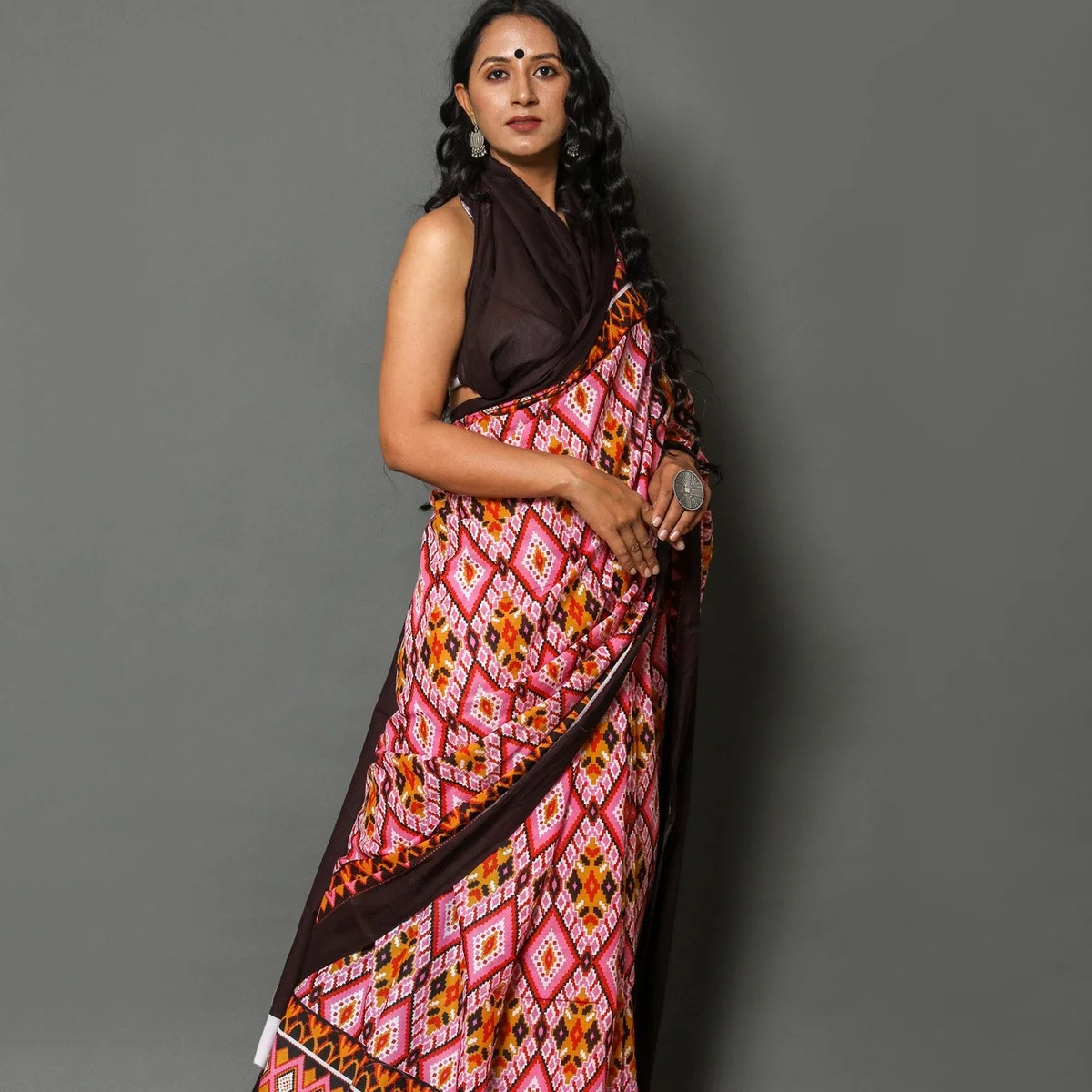 Pink & Yellow Patola Print Cotton Saree with Blouse Piece thumbnail 2