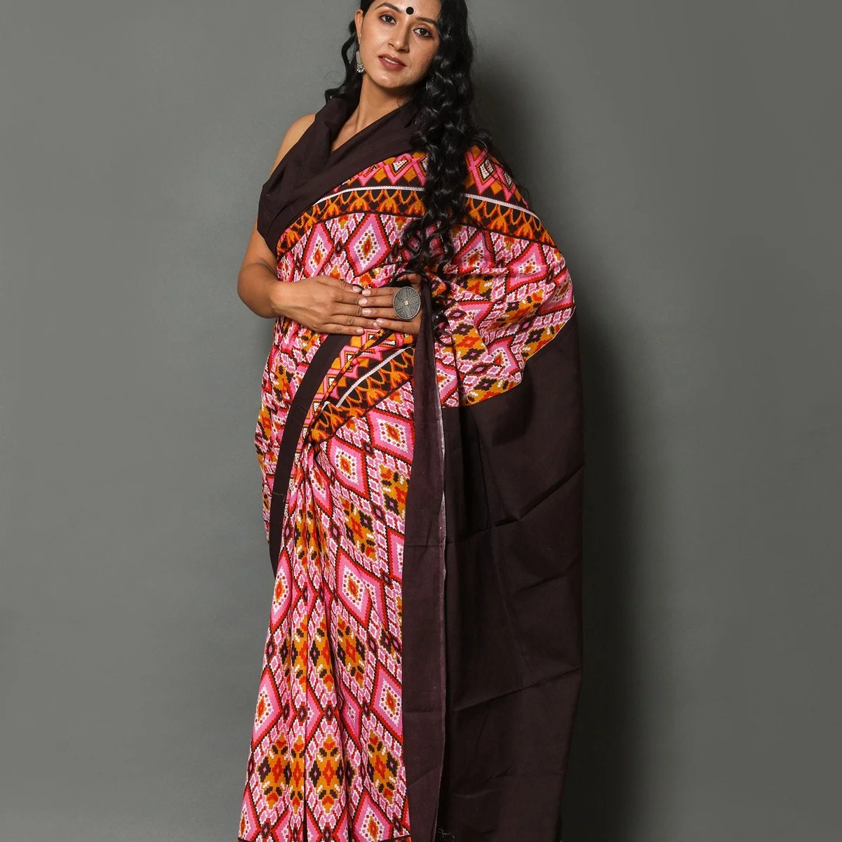 Pink & Yellow Patola Print Cotton Saree with Blouse Piece thumbnail 3
