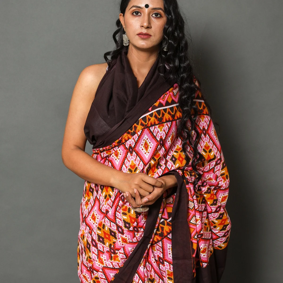 Pink & Yellow Patola Print Cotton Saree with Blouse Piece thumbnail 4