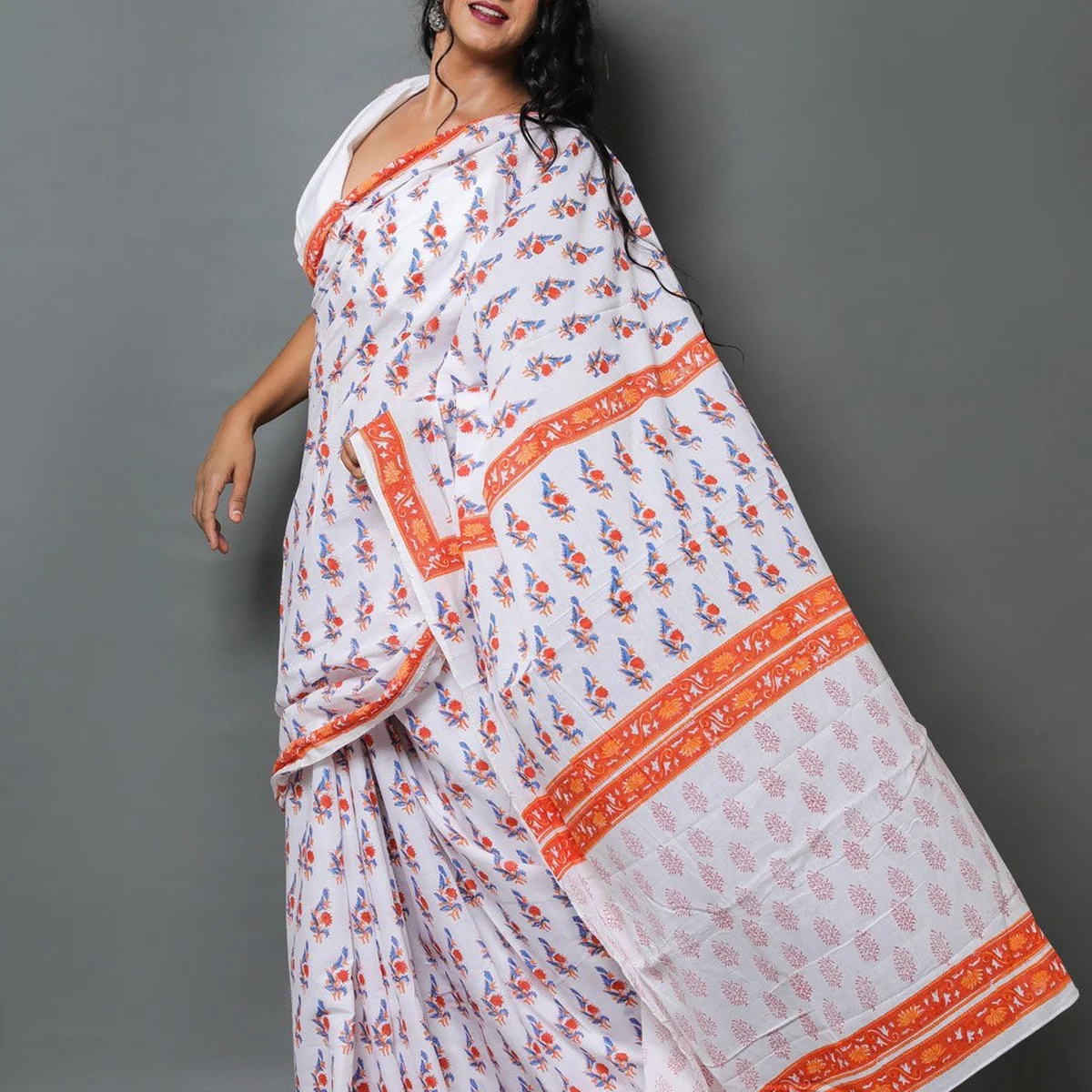 White & Blue Hand Block Butti Print Mul Cotton Saree with Blouse Piece - Image 1