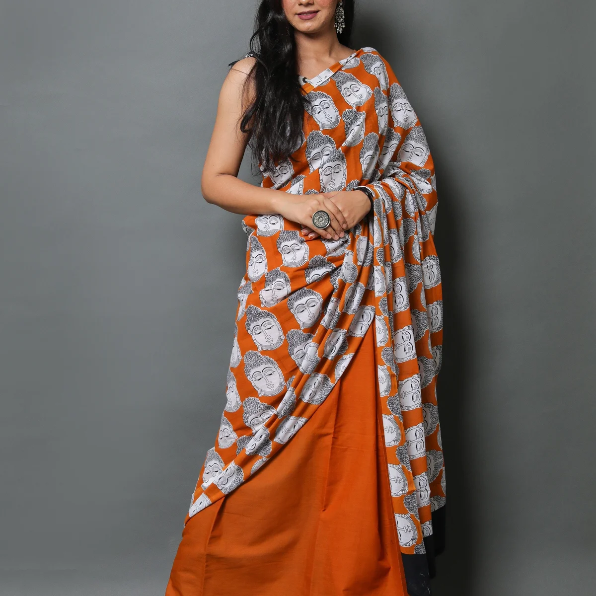Mustard Buddha Block Print Mul Cotton Saree with Blouse Piece - Image 1