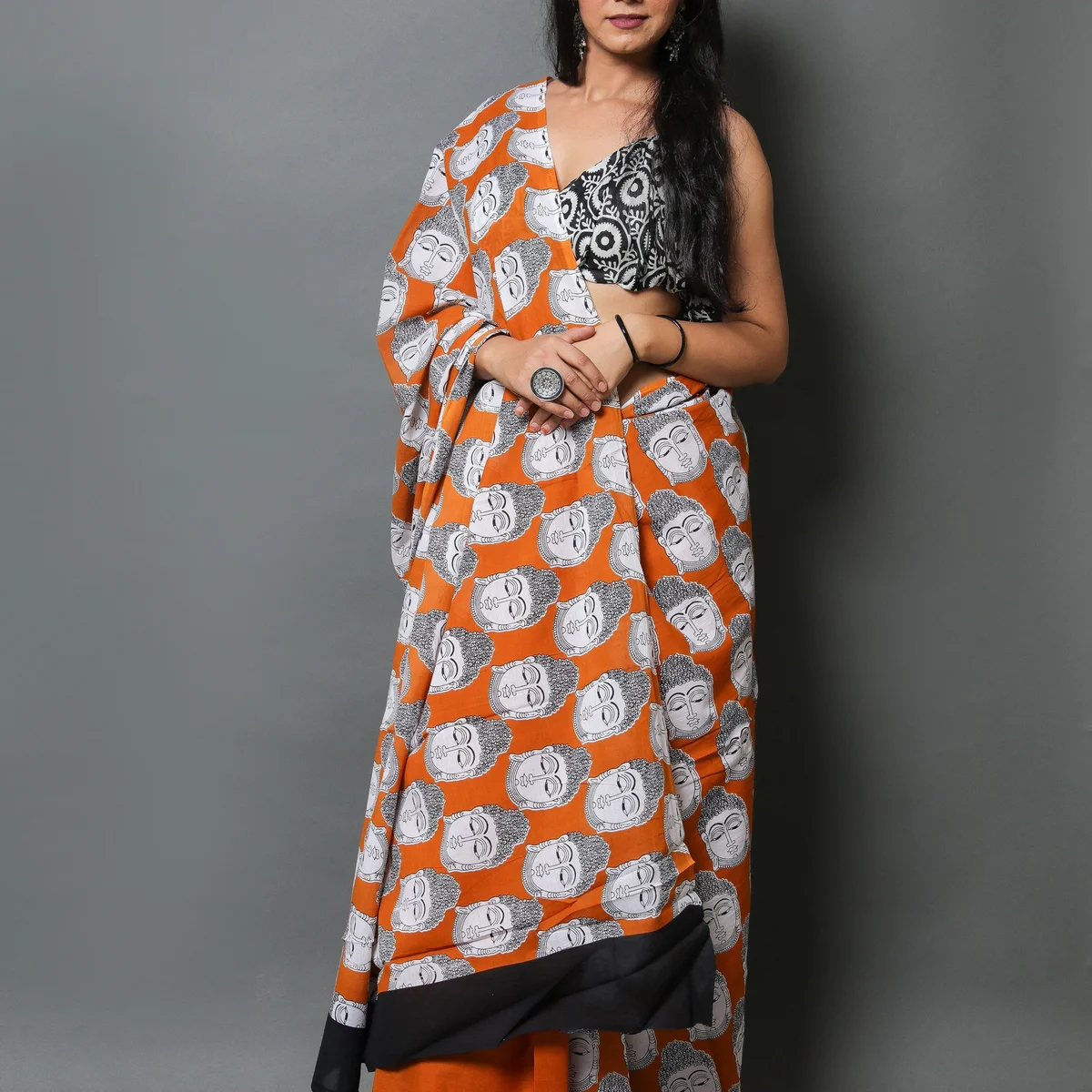 Mustard Buddha Block Print Mul Cotton Saree with Blouse Piece thumbnail 3