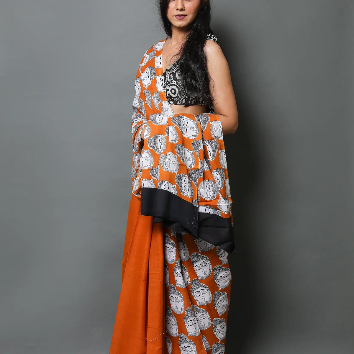 Mustard Buddha Block Print Mul Cotton Saree with Blouse Piece thumbnail 4