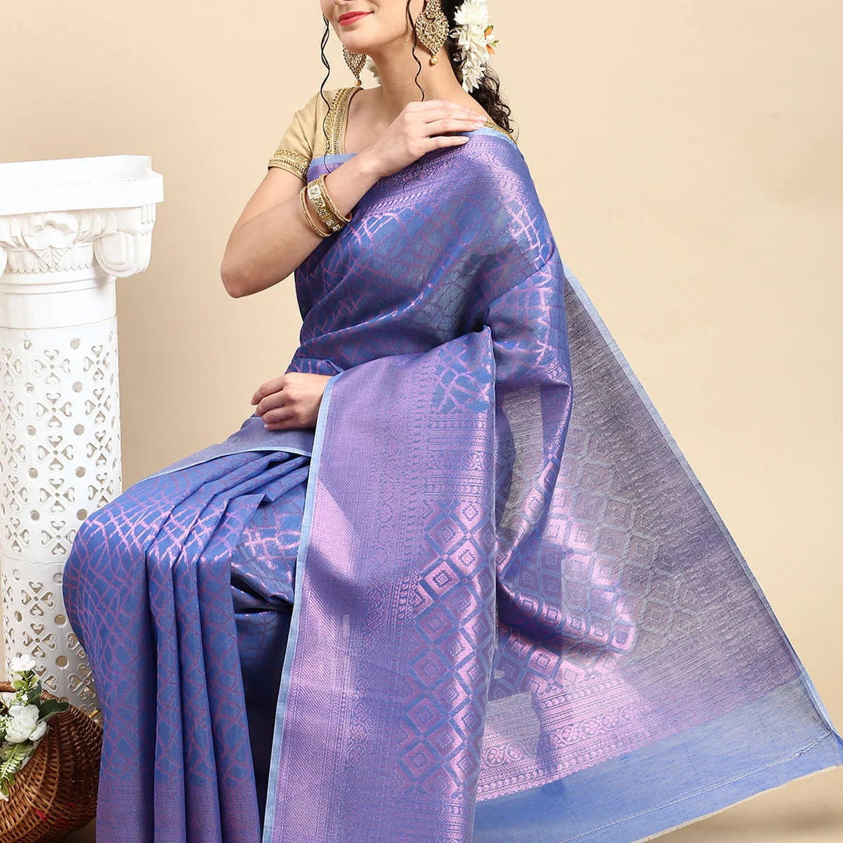 Stylish Violet & Pink Semi Kora Cotton Saree SK84 thumbnail 2