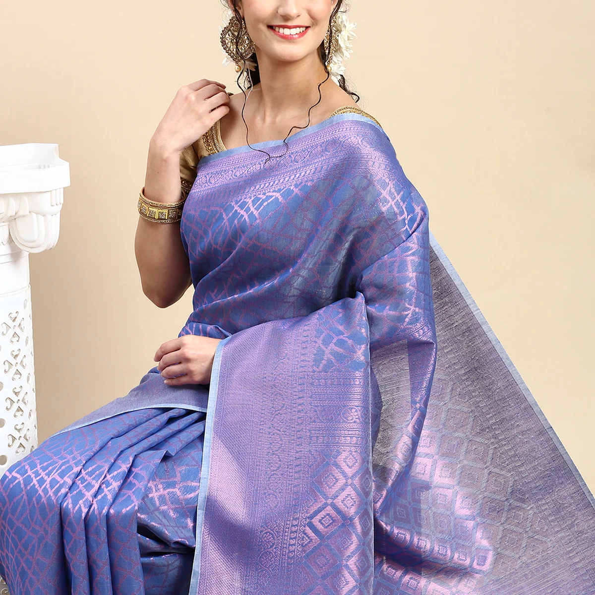 Stylish Violet & Pink Semi Kora Cotton Saree SK84 thumbnail 3
