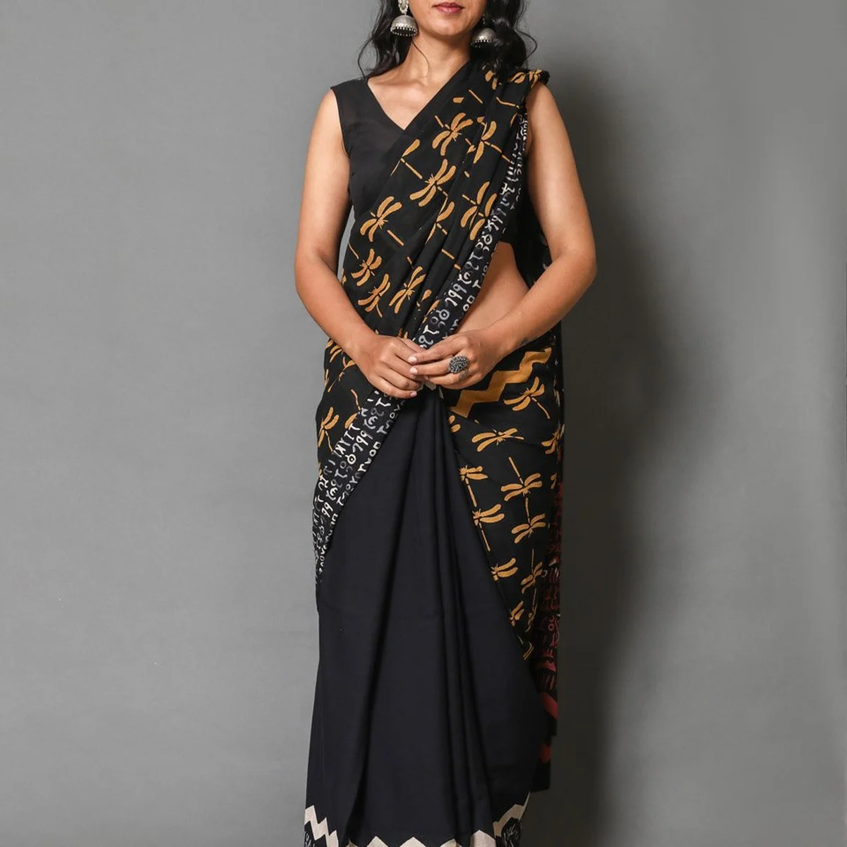 Black & Mustard Dragon Fly Block Print Cotton Saree with Blouse - Image 1