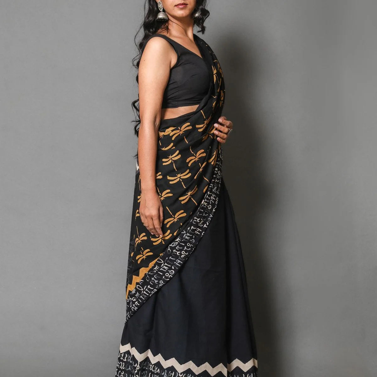 Black & Mustard Dragon Fly Block Print Cotton Saree with Blouse thumbnail 2