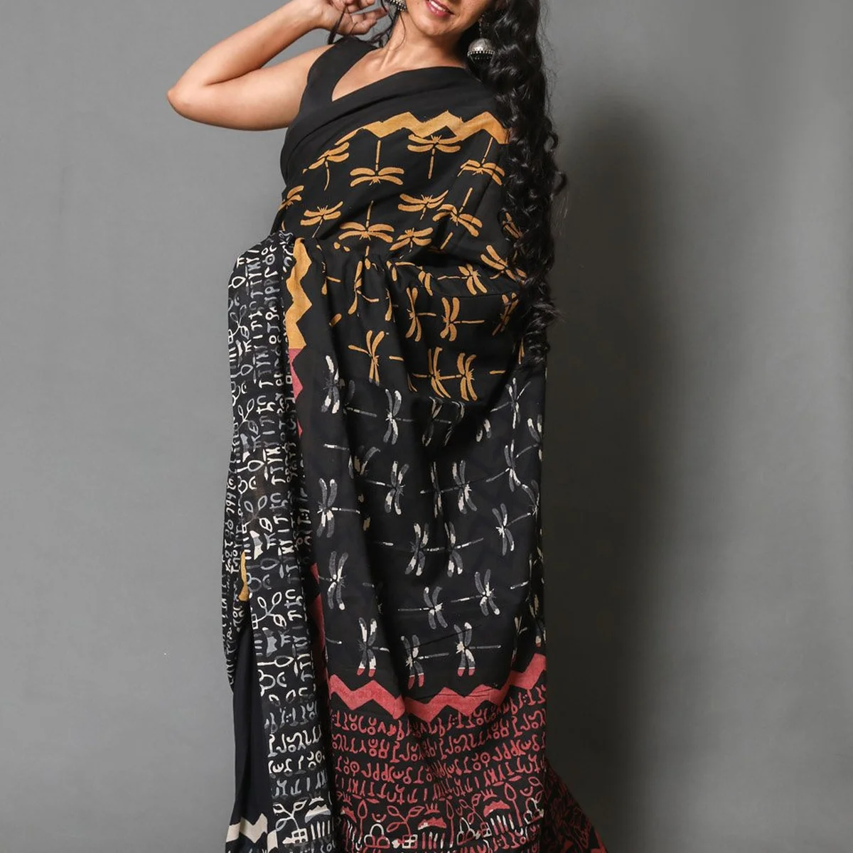 Black & Mustard Dragon Fly Block Print Cotton Saree with Blouse thumbnail 3