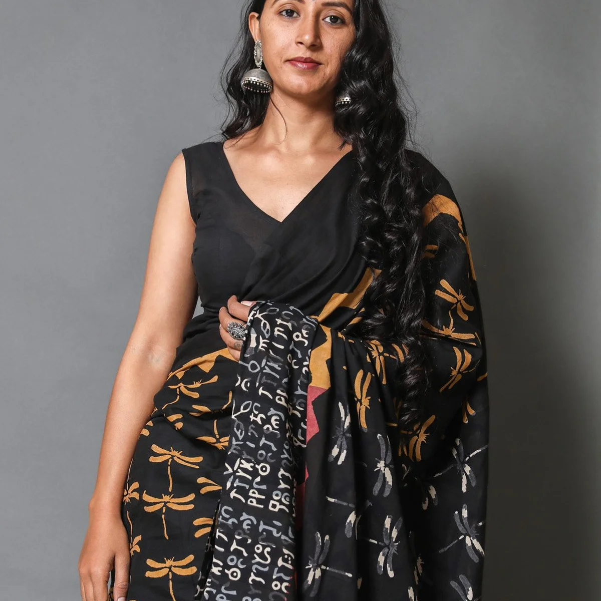 Black & Mustard Dragon Fly Block Print Cotton Saree with Blouse thumbnail 4