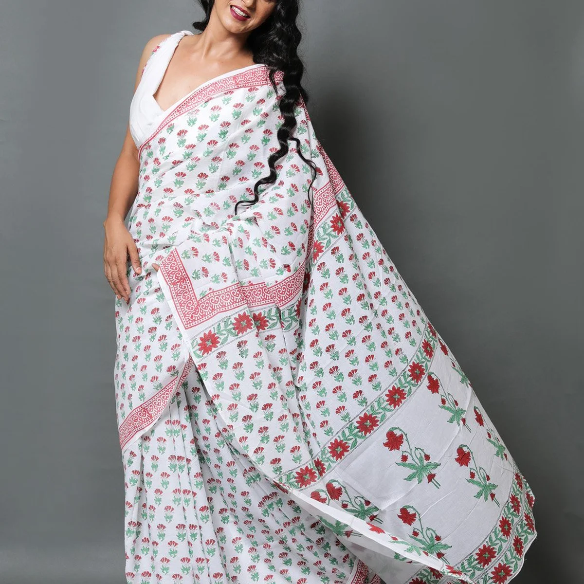 White & Red Hand Block Butti Print Mul Cotton Saree with Blouse Piece - Image 1