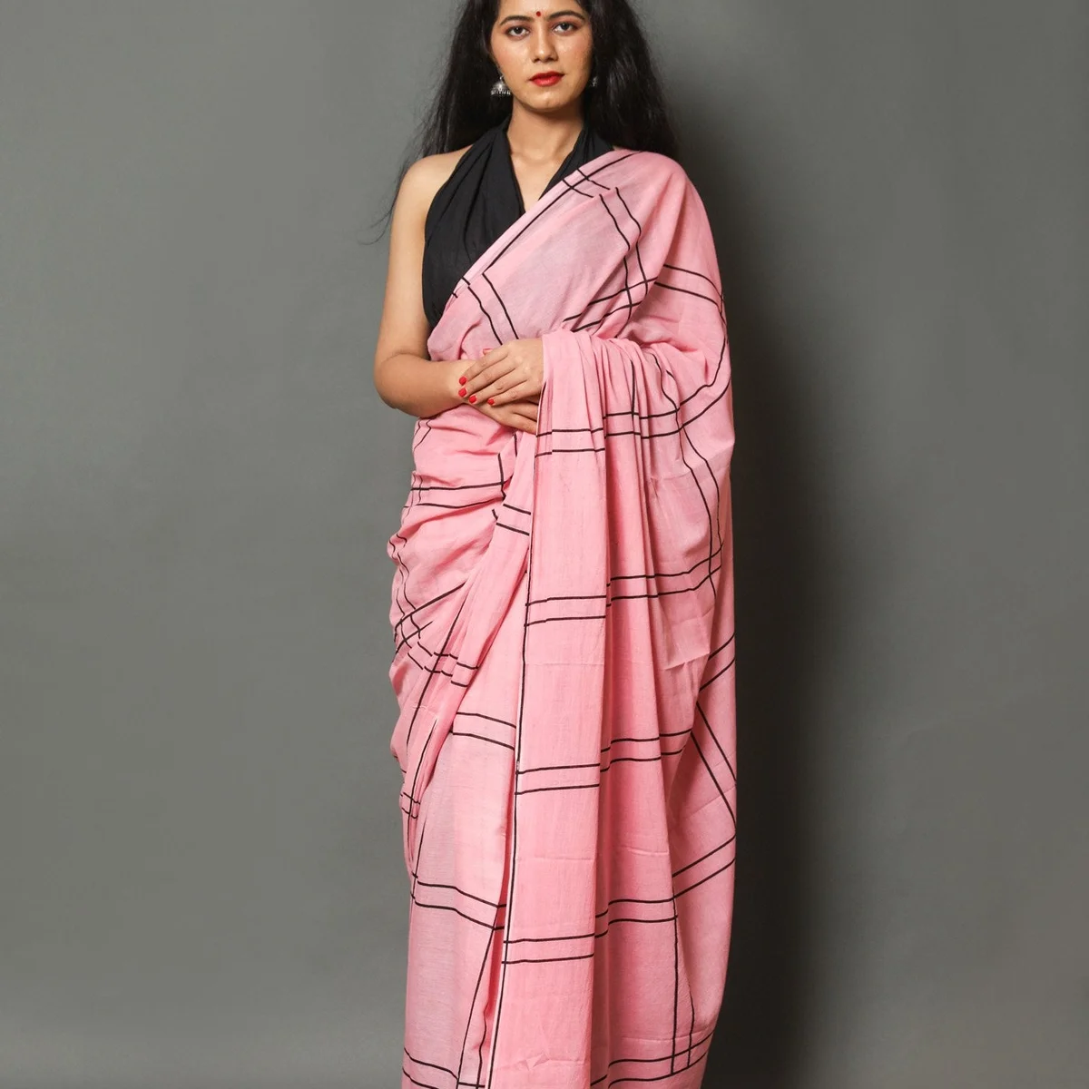 Pink Dual Black Line printed Cotton Saree with Blouse - Image 1