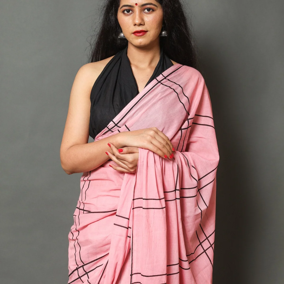 Pink Dual Black Line printed Cotton Saree with Blouse thumbnail 2