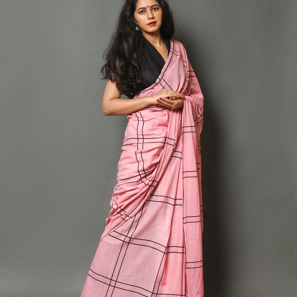 Pink Dual Black Line printed Cotton Saree with Blouse thumbnail 3