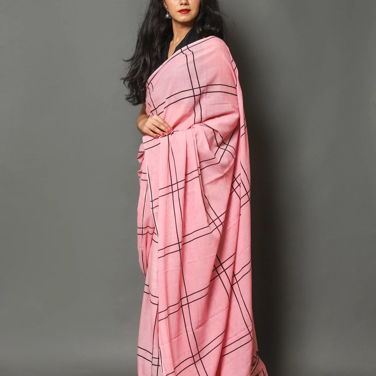 Pink Dual Black Line printed Cotton Saree with Blouse thumbnail 4