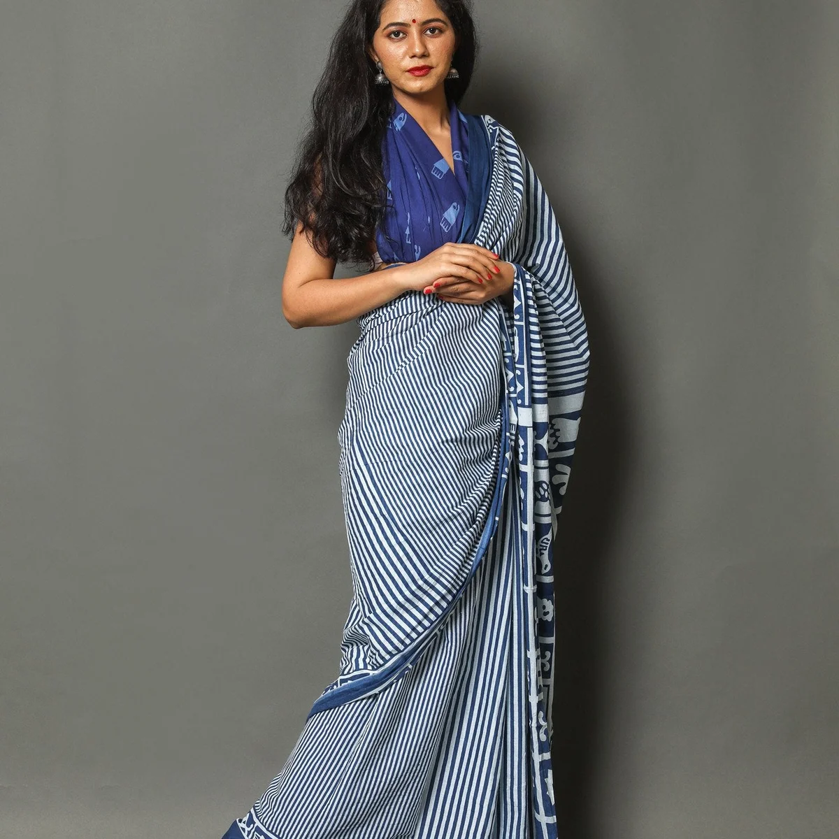 Rama Blue Lining Block Print Cotton Saree with Unstitched Blouse thumbnail 3