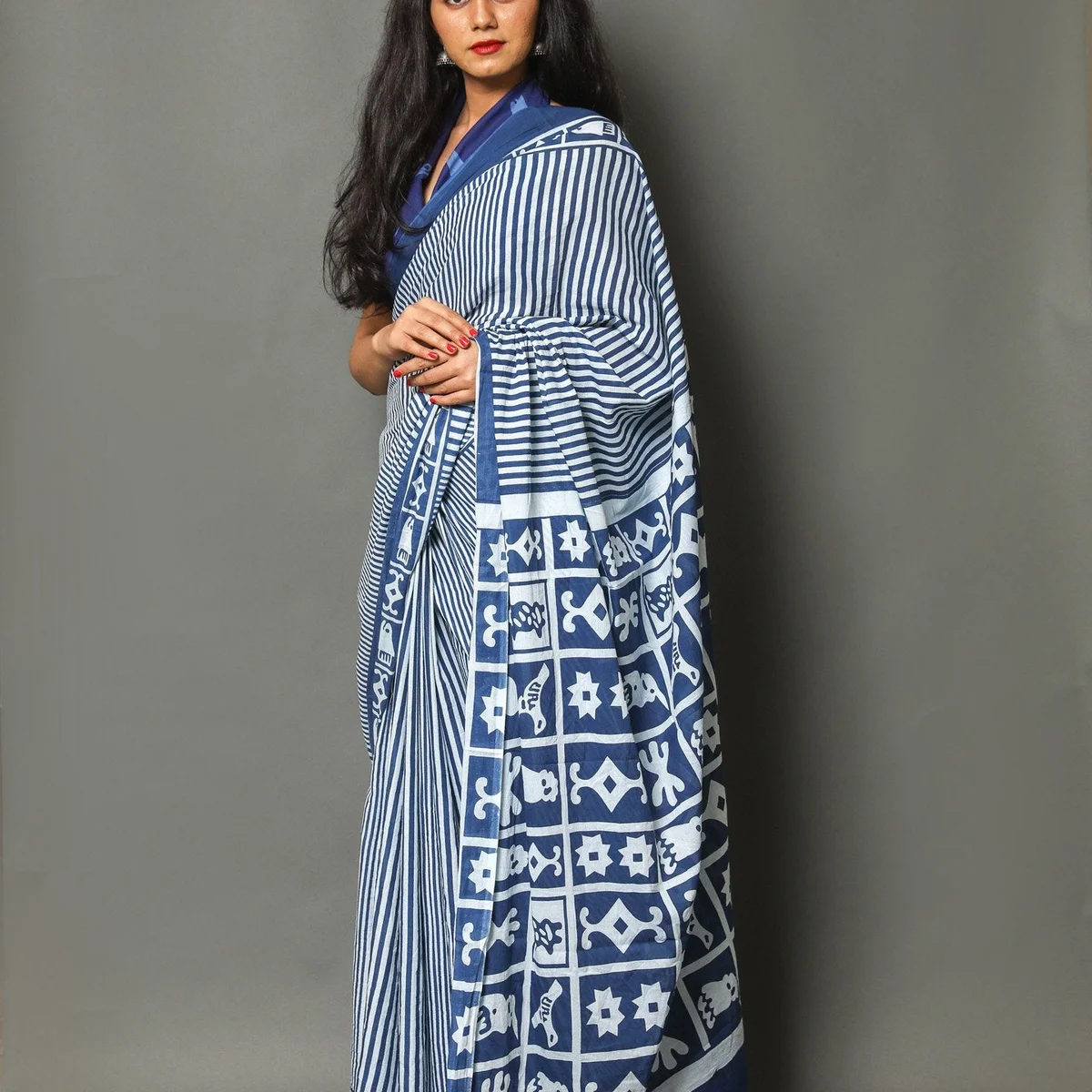 Rama Blue Lining Block Print Cotton Saree with Unstitched Blouse thumbnail 4