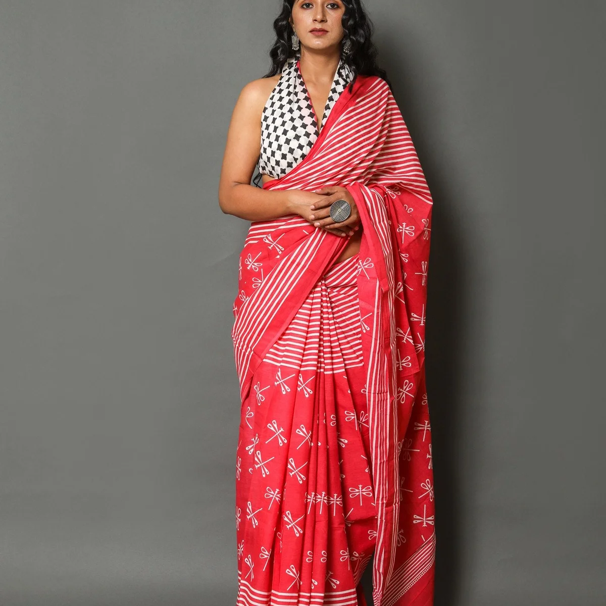 Pink Dragon Fly Block Print Cotton Saree with Blouse Piece - Image 1