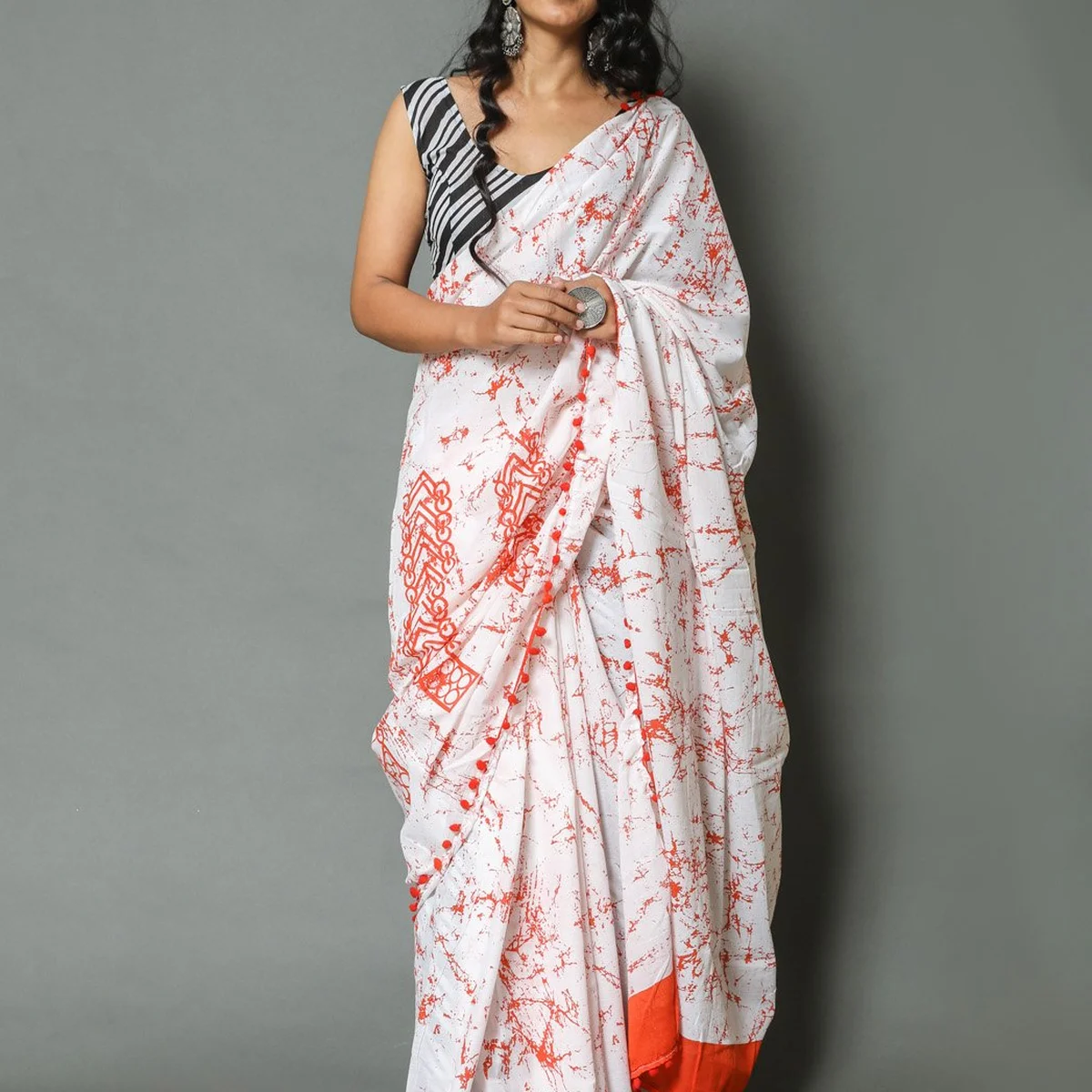 White & Orange Batik Print Mul Cotton Saree with Blouse - Image 1