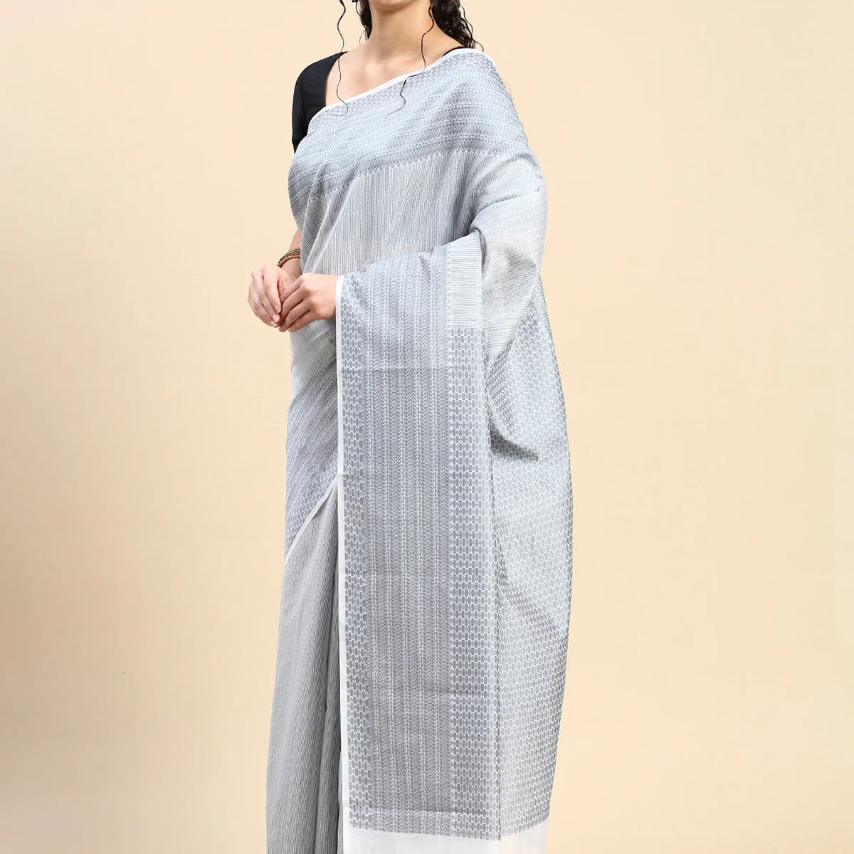 Stylish Grey Striped Design Semi Kora Cotton Saree SK87 - Image 1