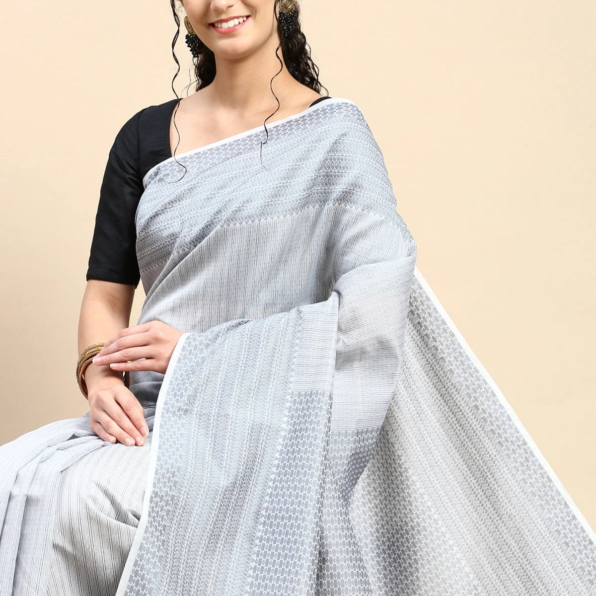 Stylish Grey Striped Design Semi Kora Cotton Saree SK87 thumbnail 2
