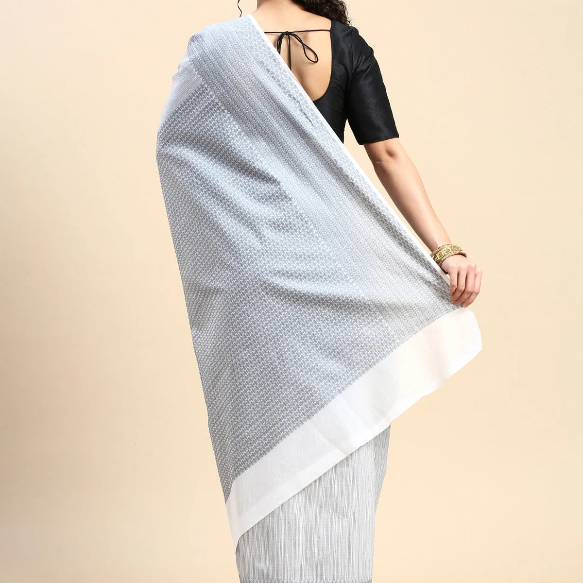 Stylish Grey Striped Design Semi Kora Cotton Saree SK87 thumbnail 3