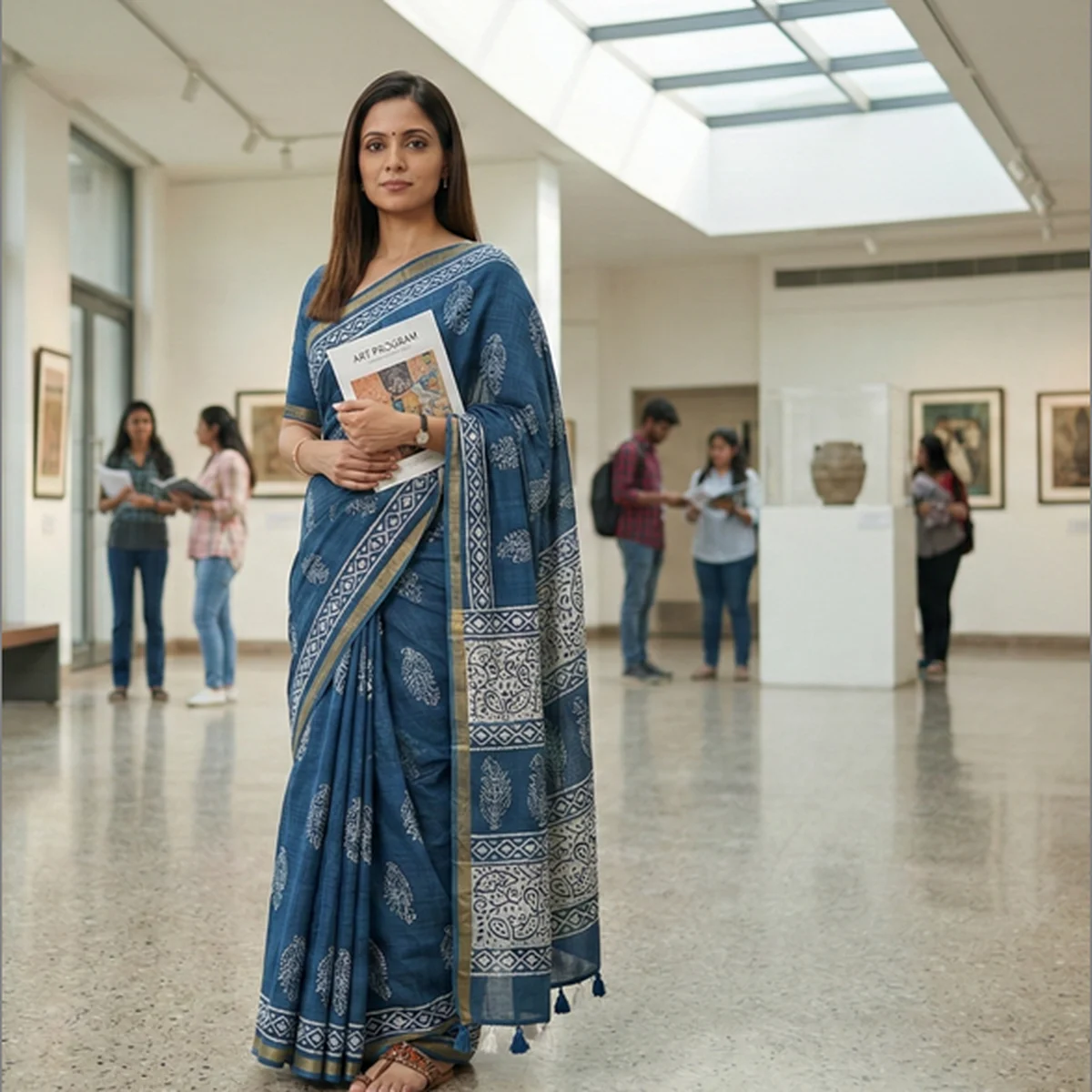 Steel Blue Maheshwari cotton Saree - Image 1