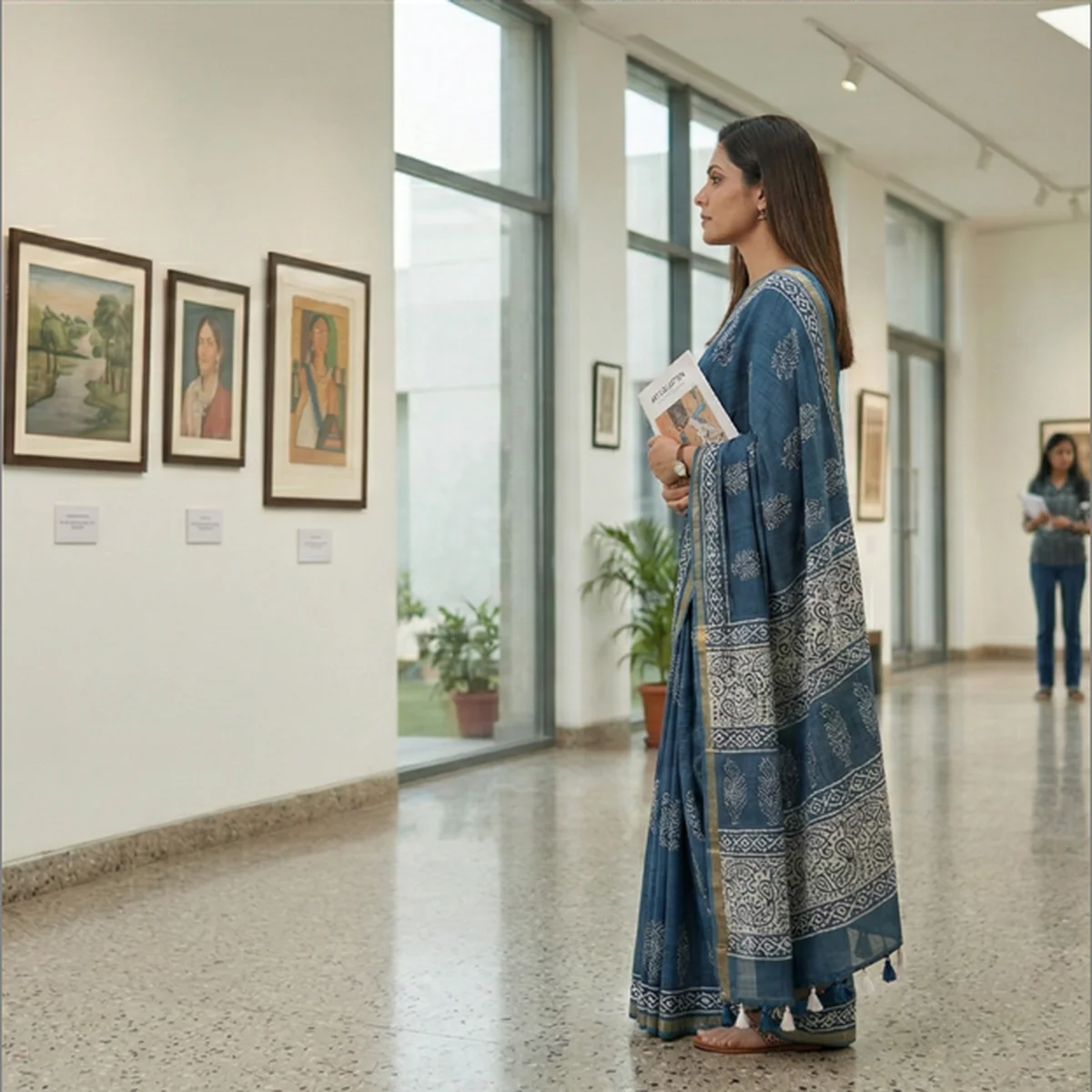 Steel Blue Maheshwari cotton Saree thumbnail 2