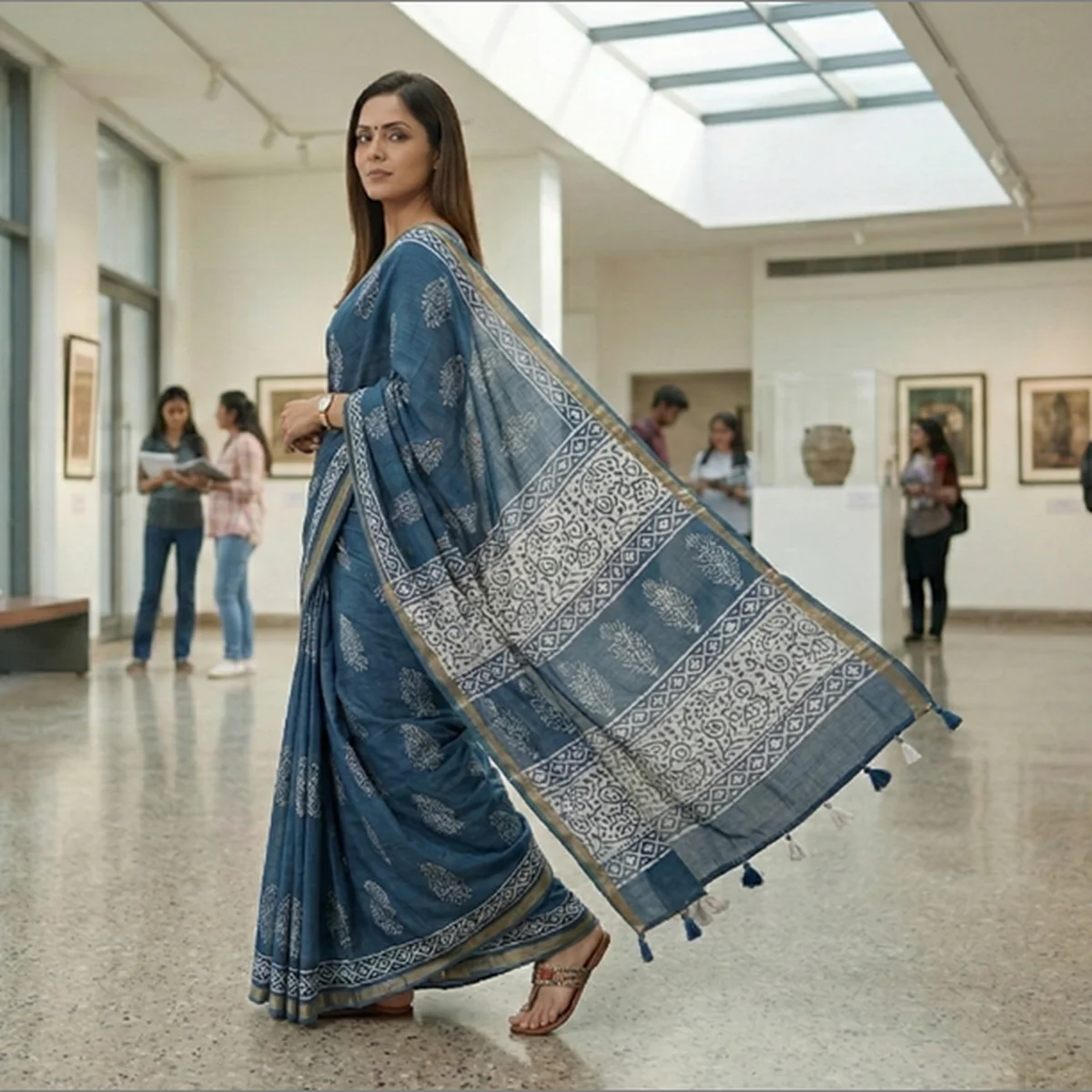 Steel Blue Maheshwari cotton Saree thumbnail 3