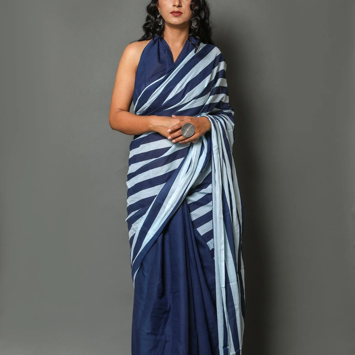 Blue Solid & Strip Print Cotton Saree with Blouse Piece - Image 1