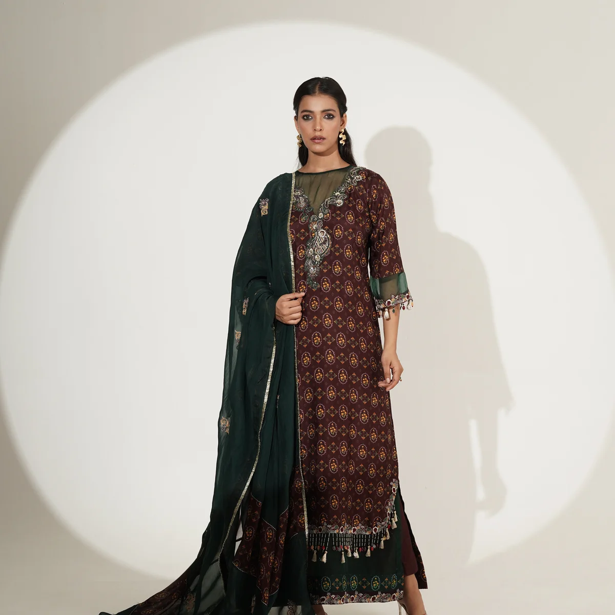 Jewel Tone Long Suit Set with Palazzo & Embroidered Dupatta - Image 1