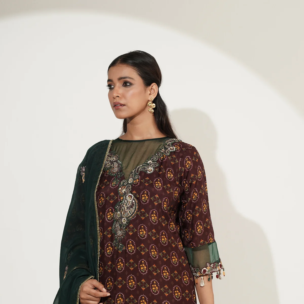 Jewel Tone Long Suit Set with Palazzo & Embroidered Dupatta thumbnail 2