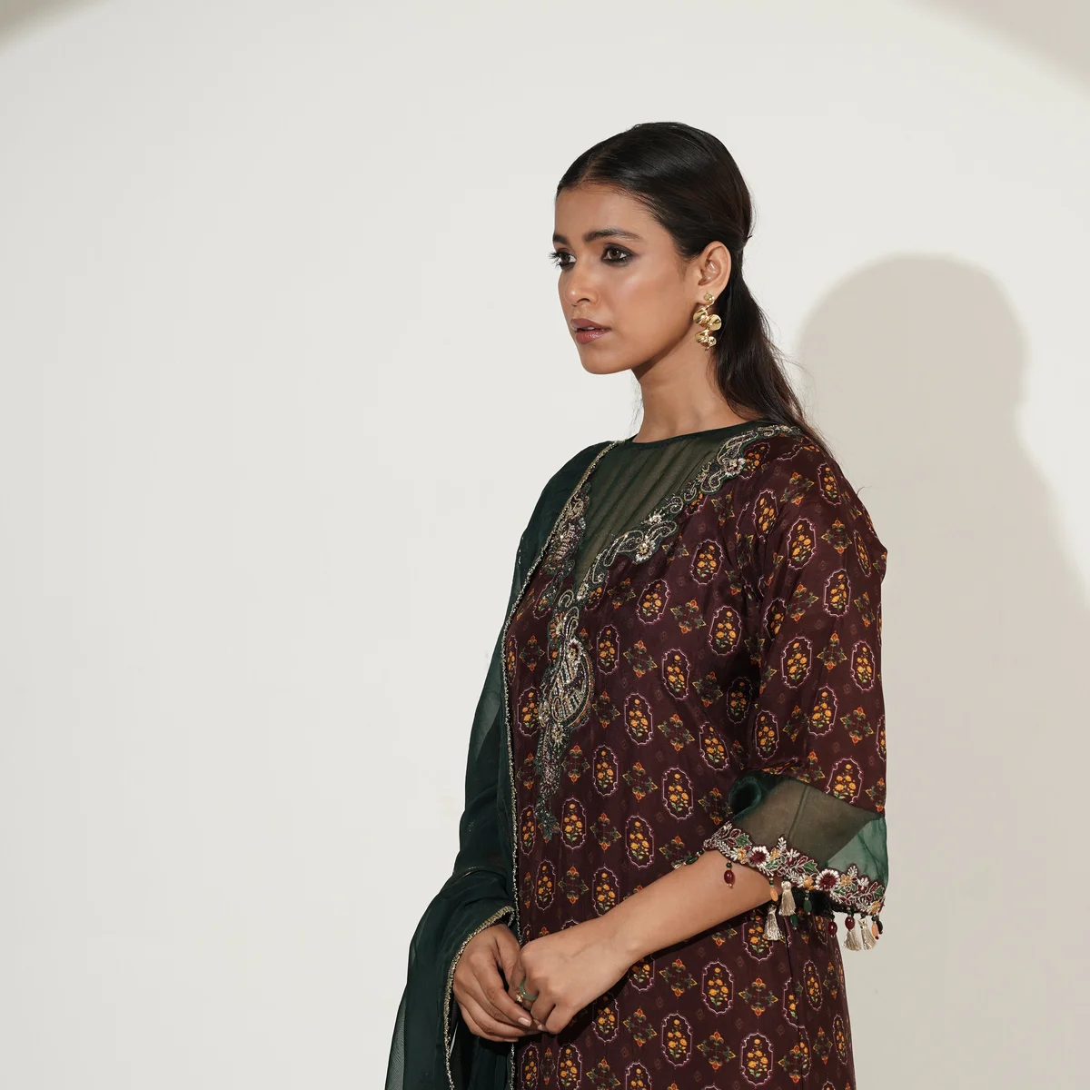 Jewel Tone Long Suit Set with Palazzo & Embroidered Dupatta thumbnail 3