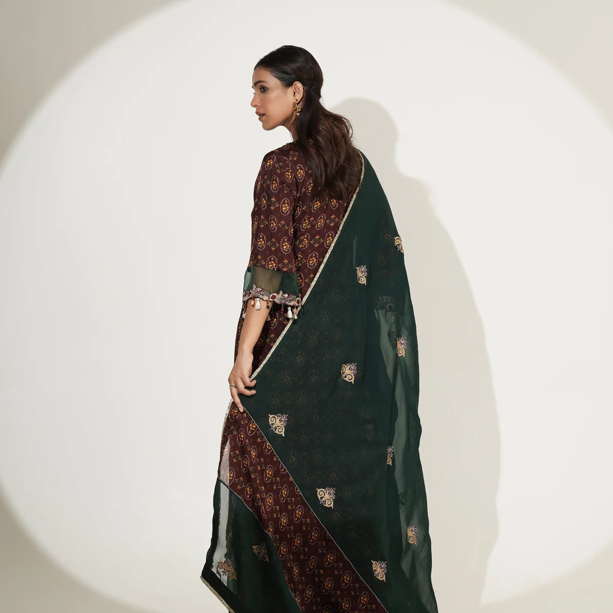 Jewel Tone Long Suit Set with Palazzo & Embroidered Dupatta thumbnail 4