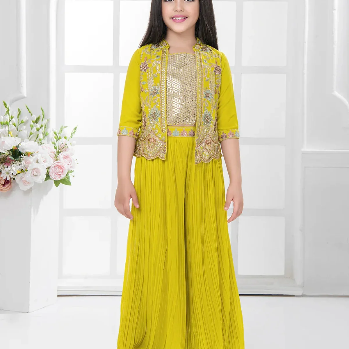Yellow Embroidered Top & Palazzo Set with Shimmer Work Jacket – Festive Wear for Girls - Image 1