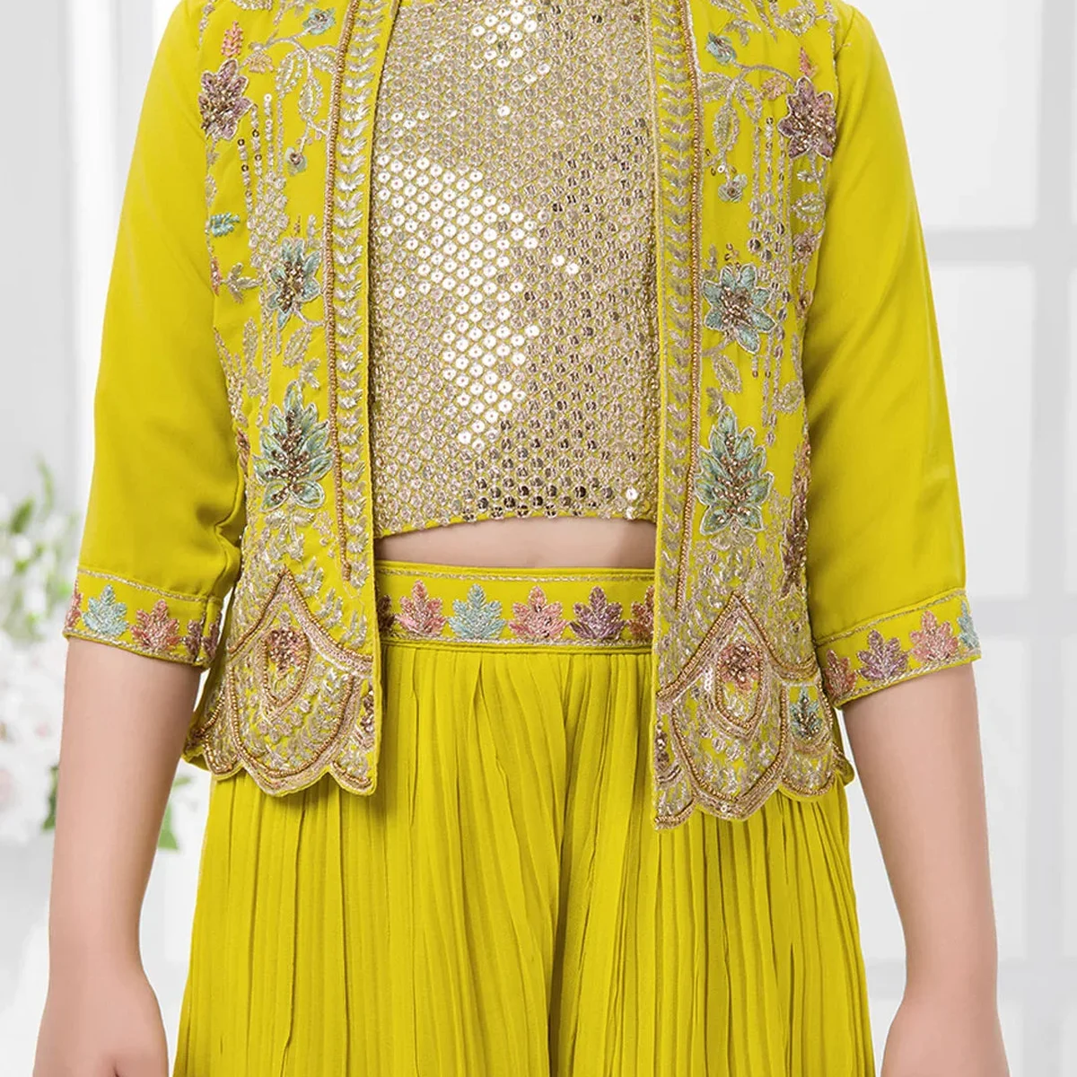 Yellow Embroidered Top & Palazzo Set with Shimmer Work Jacket – Festive Wear for Girls thumbnail 2