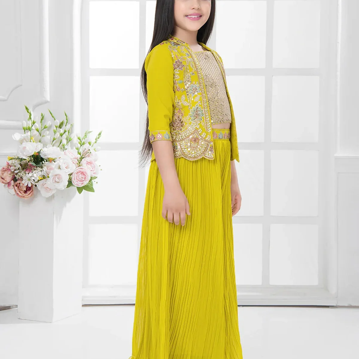 Yellow Embroidered Top & Palazzo Set with Shimmer Work Jacket – Festive Wear for Girls thumbnail 3