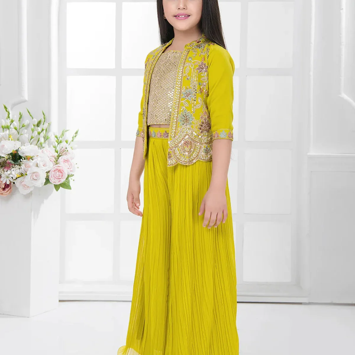 Yellow Embroidered Top & Palazzo Set with Shimmer Work Jacket – Festive Wear for Girls thumbnail 4