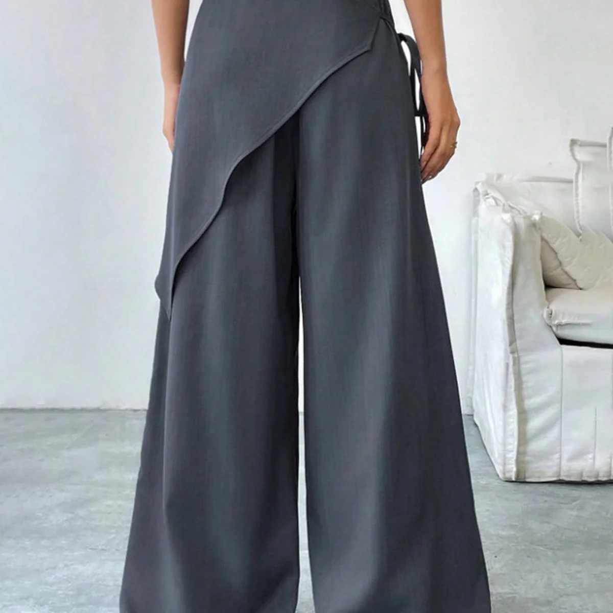High Waist Wrap Overlay Wi Leg Palazzo Pants - Image 1