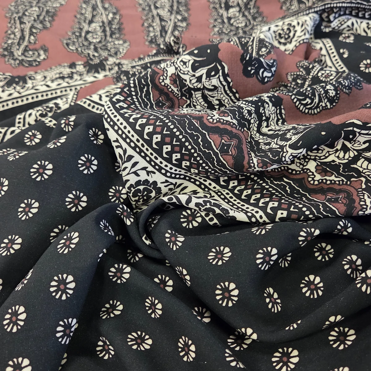 Designer Deadstock Bohemian Paisley Brown and Black Rayon Voile Woven-by the yard - Image 1