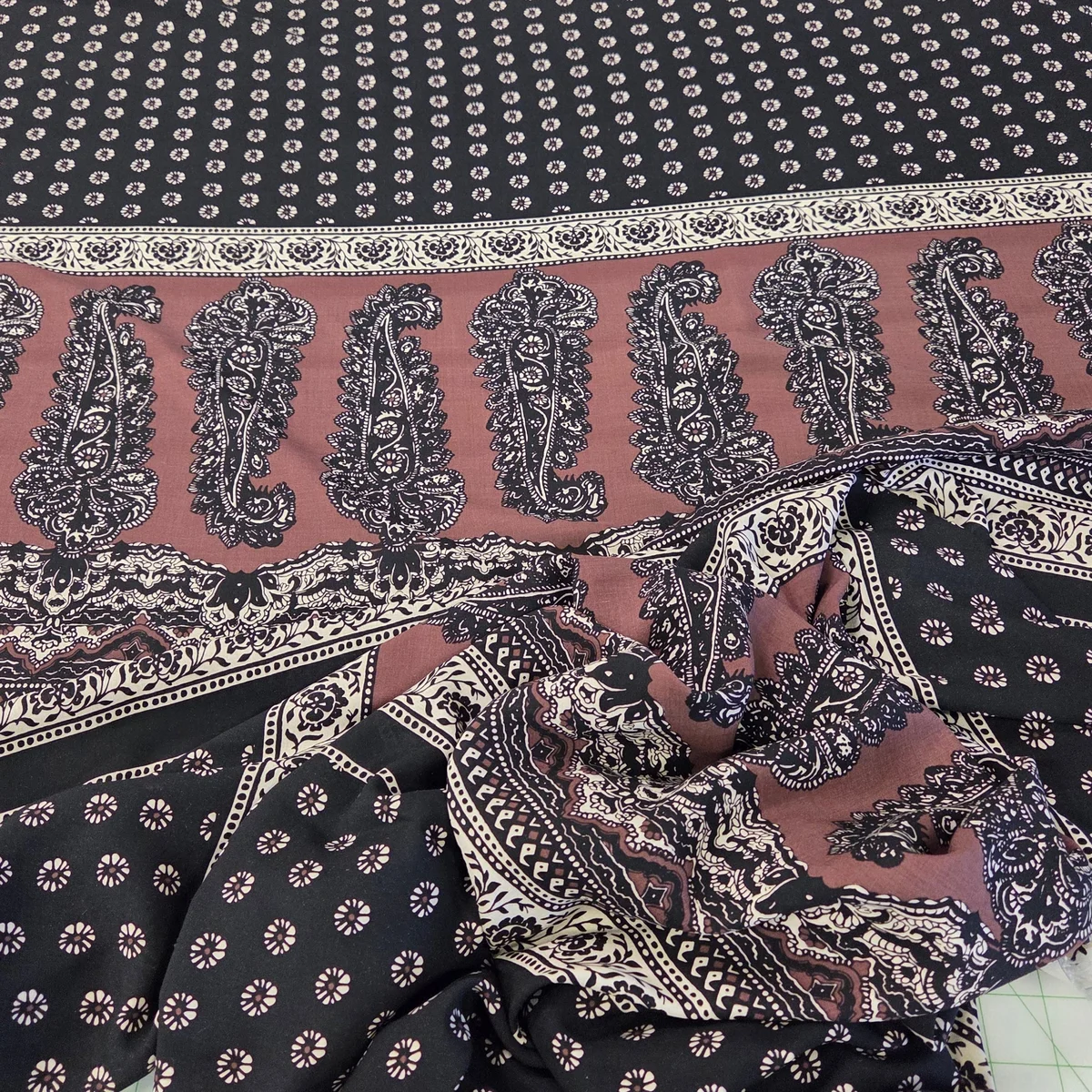 Designer Deadstock Bohemian Paisley Brown and Black Rayon Voile Woven-by the yard thumbnail 3