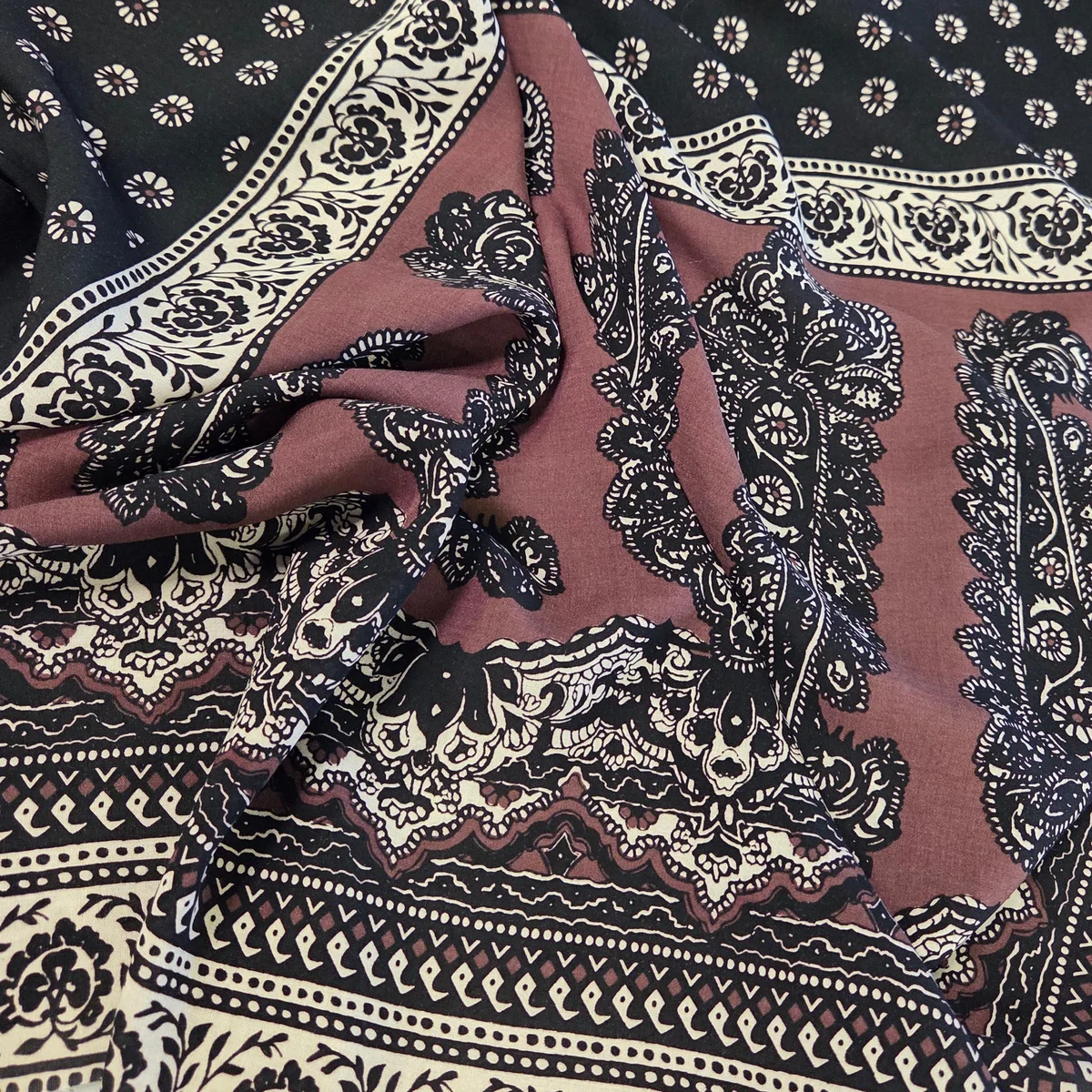 Designer Deadstock Bohemian Paisley Brown and Black Rayon Voile Woven-by the yard thumbnail 4