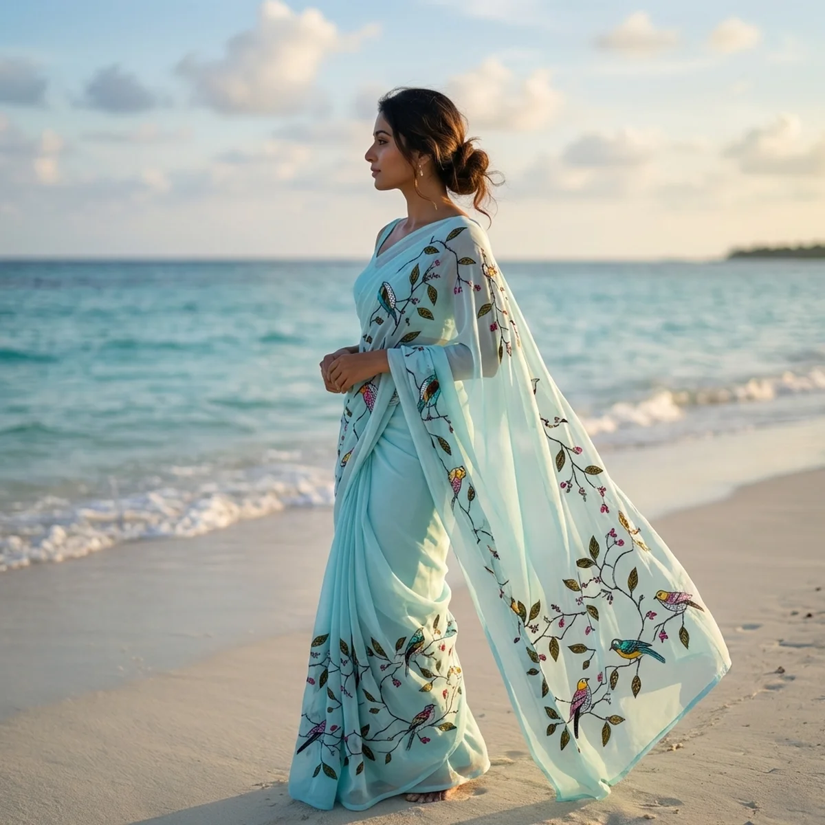 Sky Blue bird emb georgette saree - Image 1