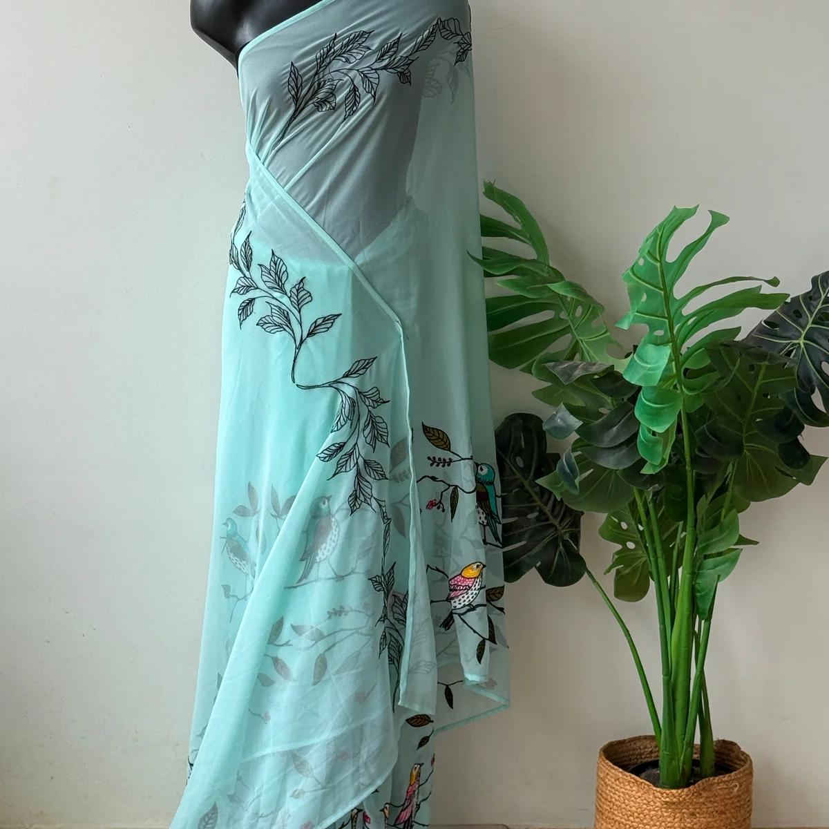 Sky Blue bird emb georgette saree thumbnail 2