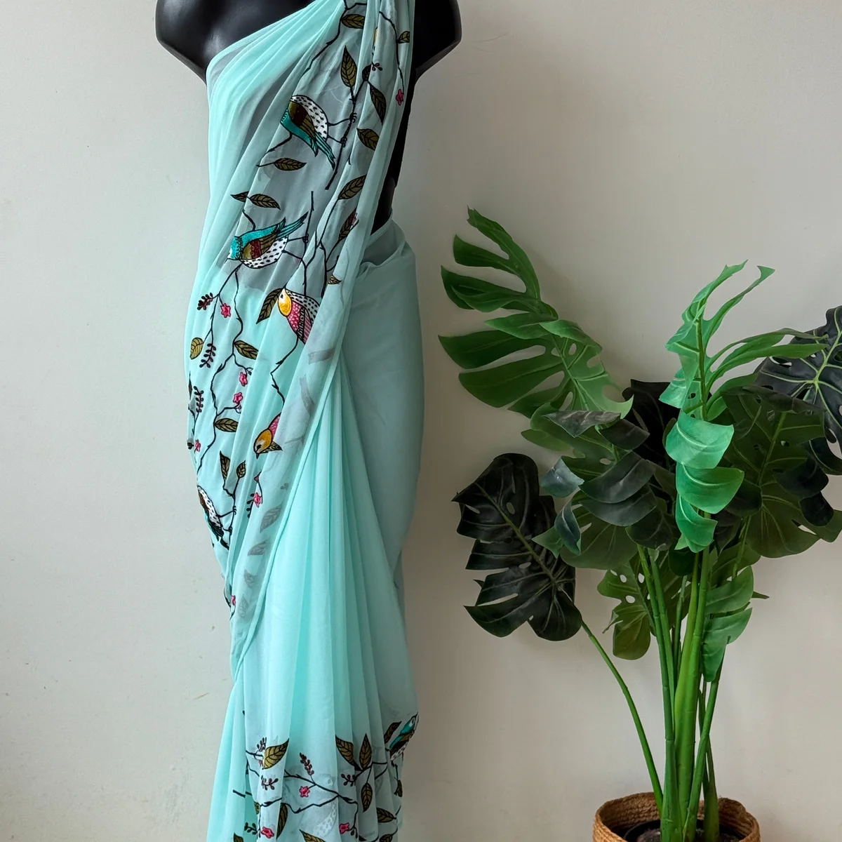 Sky Blue bird emb georgette saree thumbnail 3