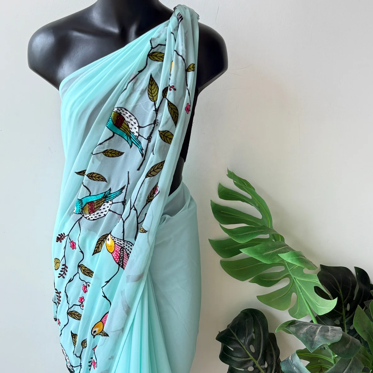 Sky Blue bird emb georgette saree thumbnail 4