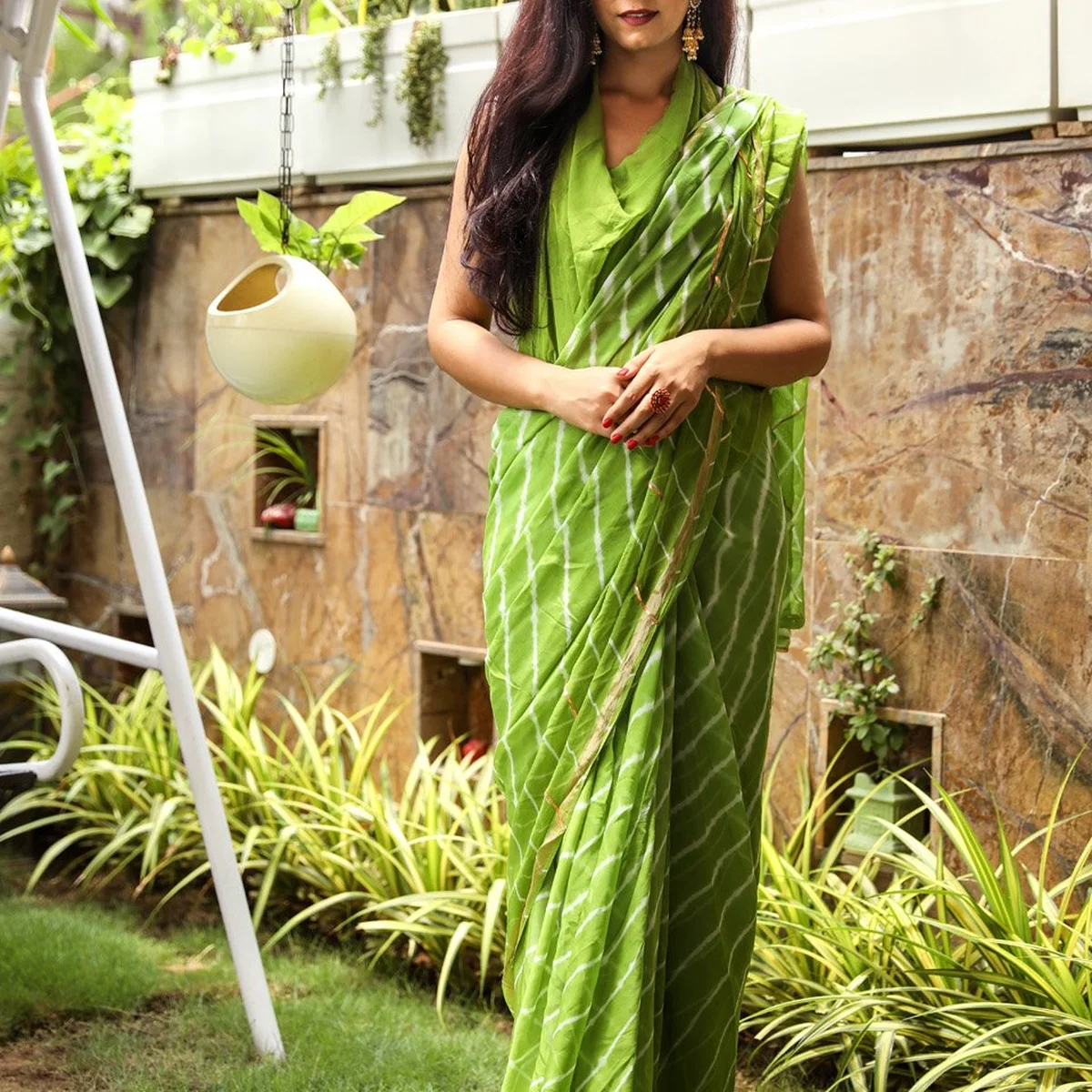 Green Lahariya Gota Work Chiffon Saree with Blouse Piece thumbnail 2