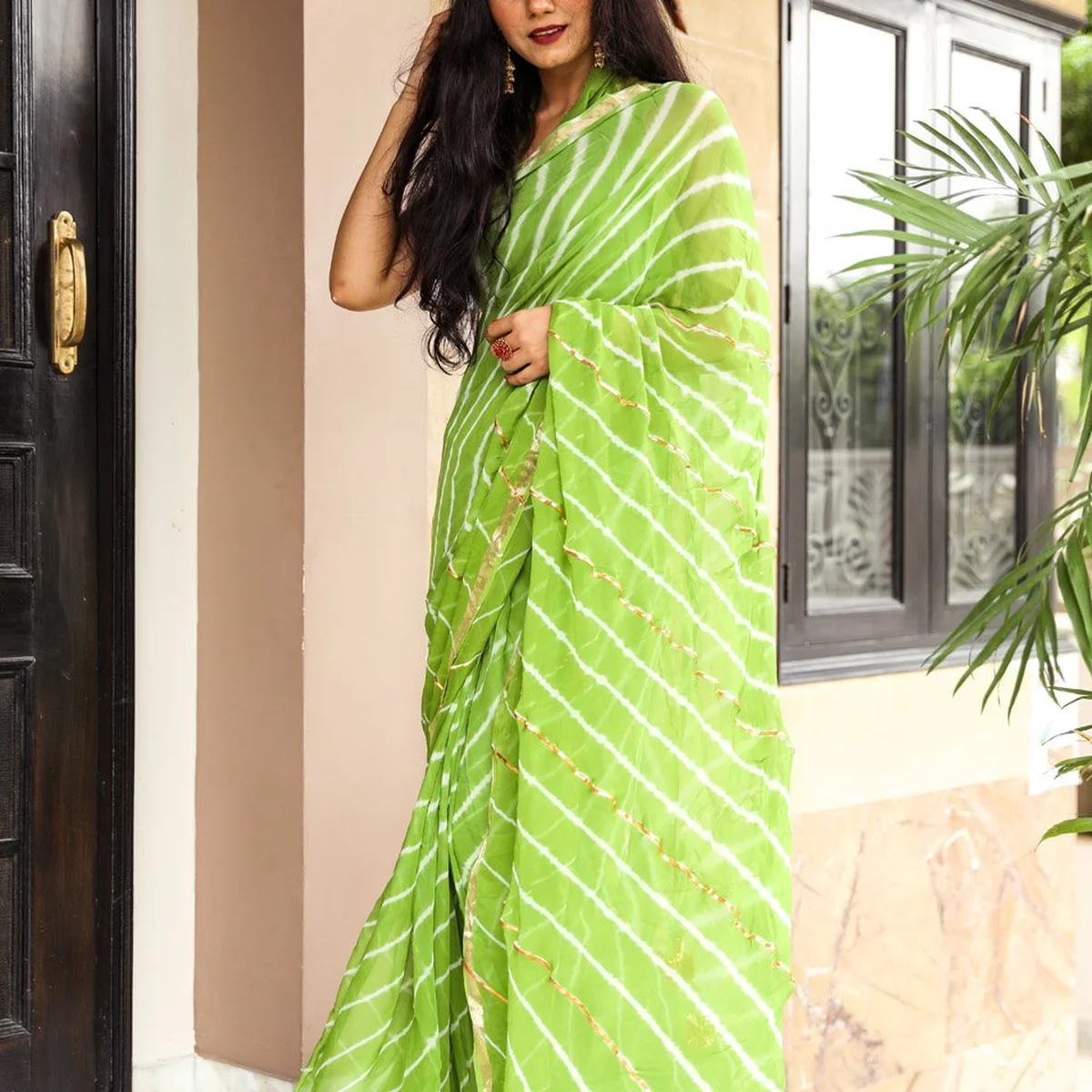 Green Lahariya Gota Work Chiffon Saree with Blouse Piece thumbnail 3