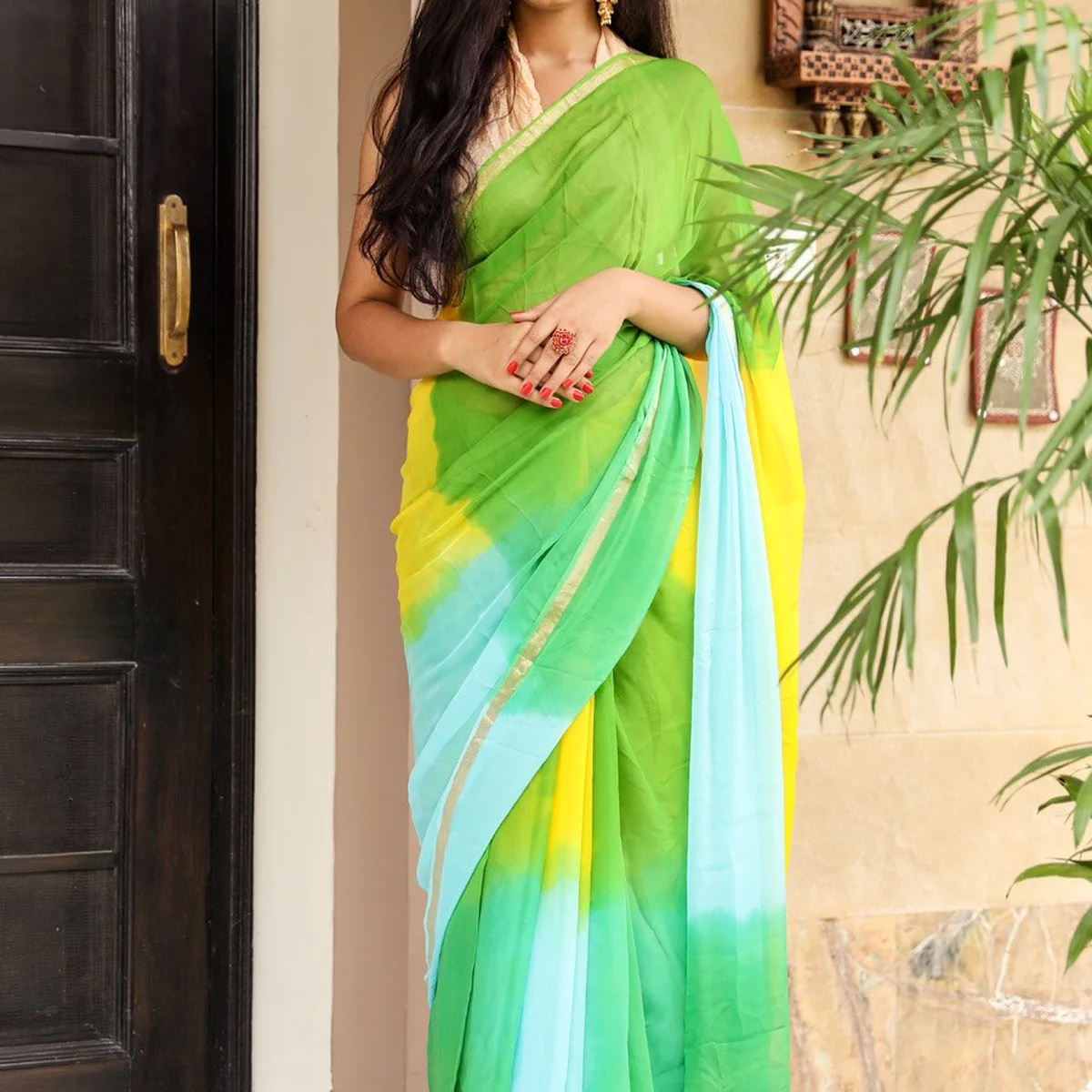 Green & Yellow Golden Border Chiffon Saree with Blouse Piece - Image 1