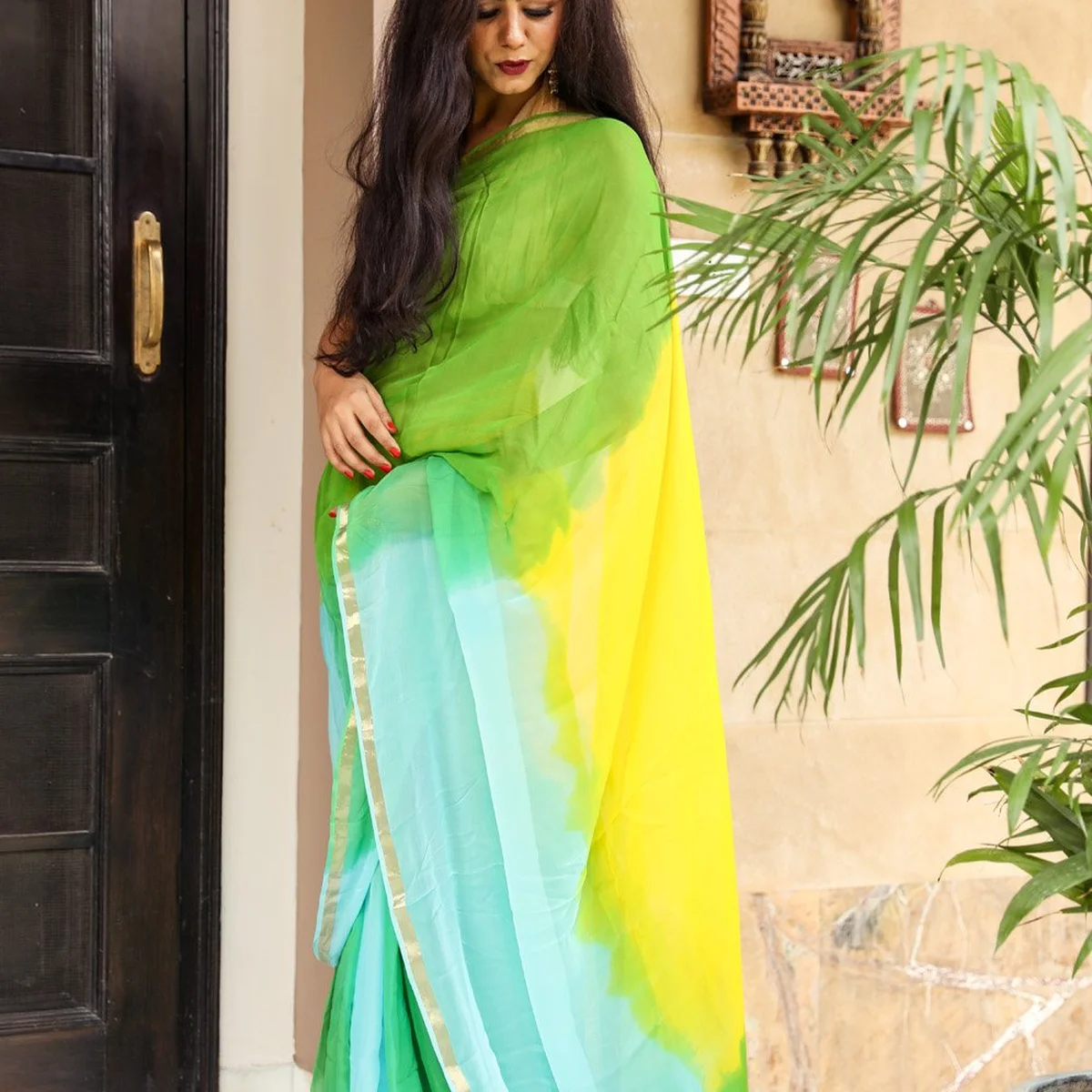 Green & Yellow Golden Border Chiffon Saree with Blouse Piece thumbnail 2